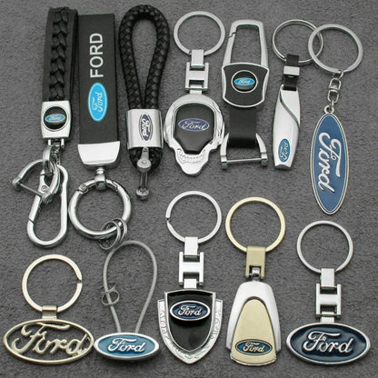 Ford 3D Metal Leather Keychain Badge - Car Emblem Key Chain Ring