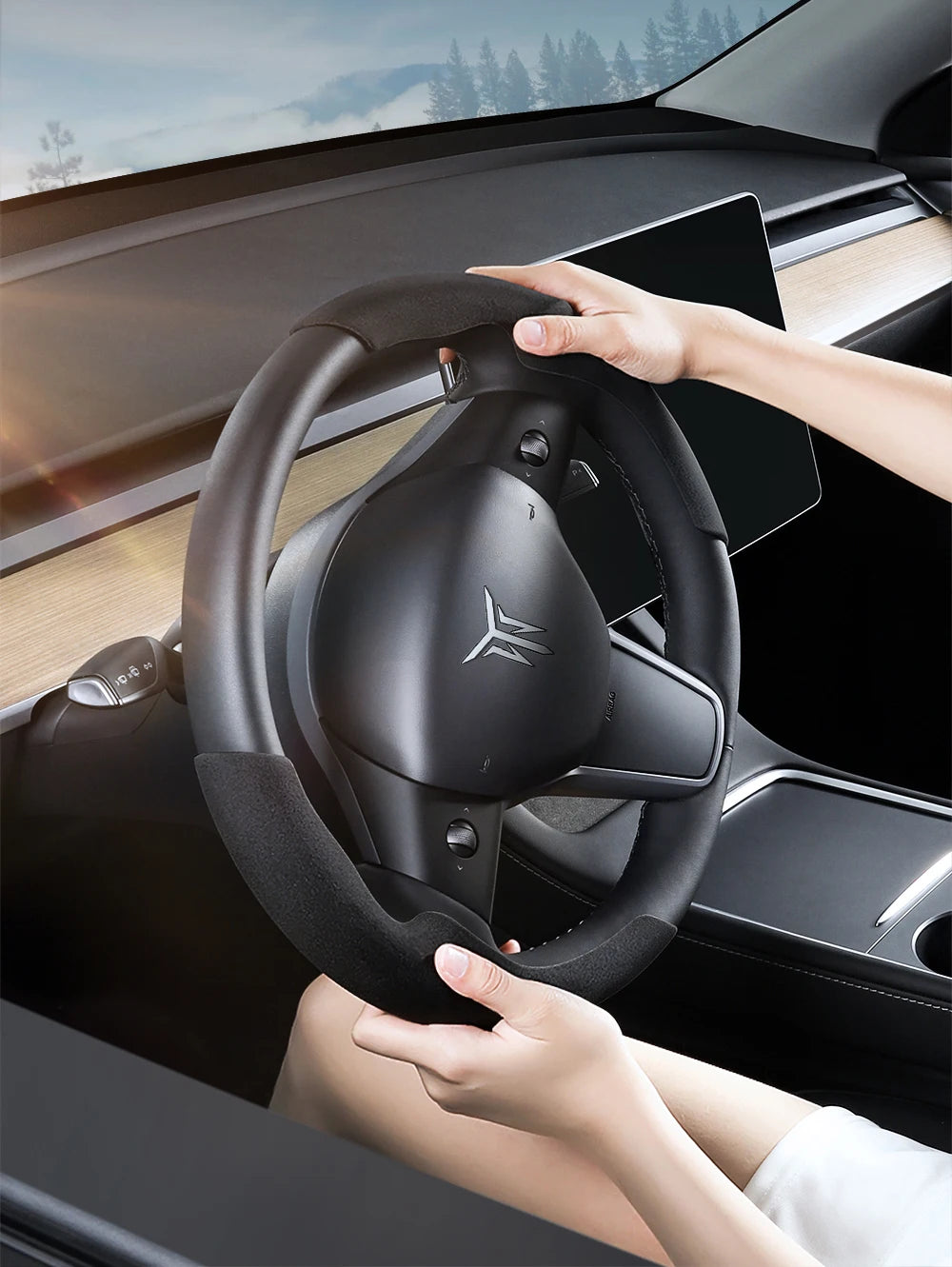 Tesla Model 3/Y Highland Juniper Carbon Fiber Steering Wheel Cover - Premium Leather