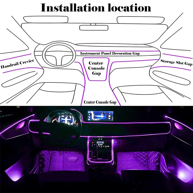 Flexible EL Wire Lights with App Control - Car Interior RGB LED Strip