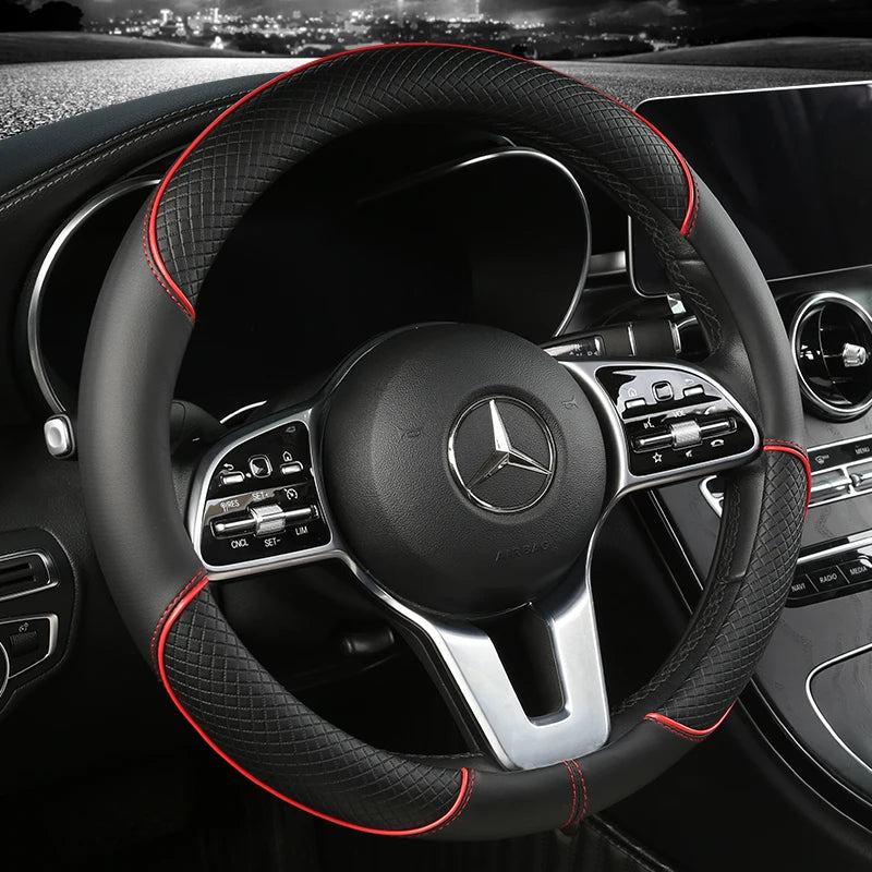 Premium Leather Steering Wheel Cover - Universal 14.5-15 Inch Diamond Pattern
