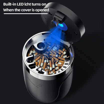 Car Cigarette Ashtray Cup with LED Light & Lid - Black Portable