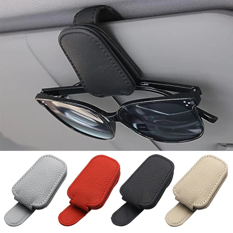 Premium Car Sunglasses Holder - Magnetic Sun Visor Clip with Leather Case for Eyeglasses & Cards