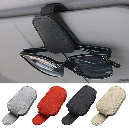Premium Car Sunglasses Holder - Magnetic Sun Visor Clip with Leather Case for Eyeglasses & Cards
