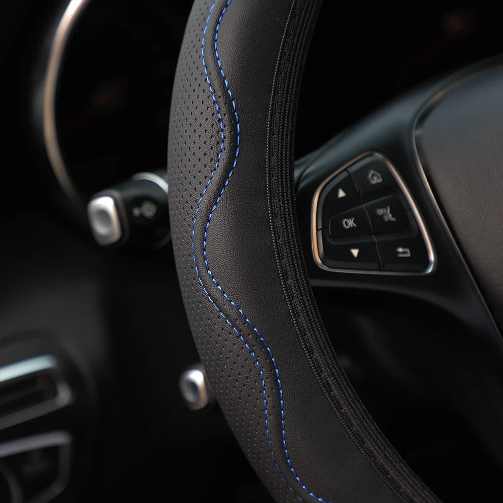 Leather Steering Wheel Cover - Embossed Massage Grip 14.5-15 Inches
