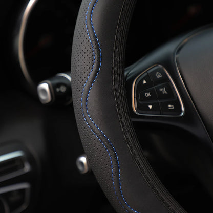 Leather Steering Wheel Cover - Embossed Massage Grip 14.5-15 Inches
