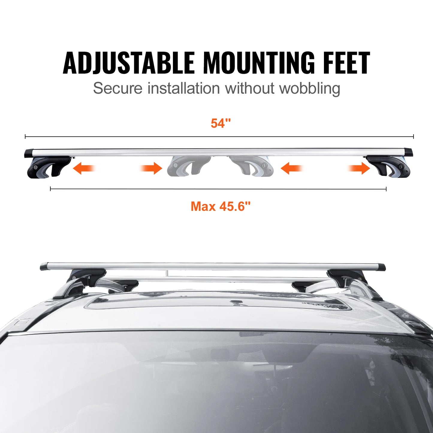Car roof rack with adjustable mounting feet and measurement details on a white background