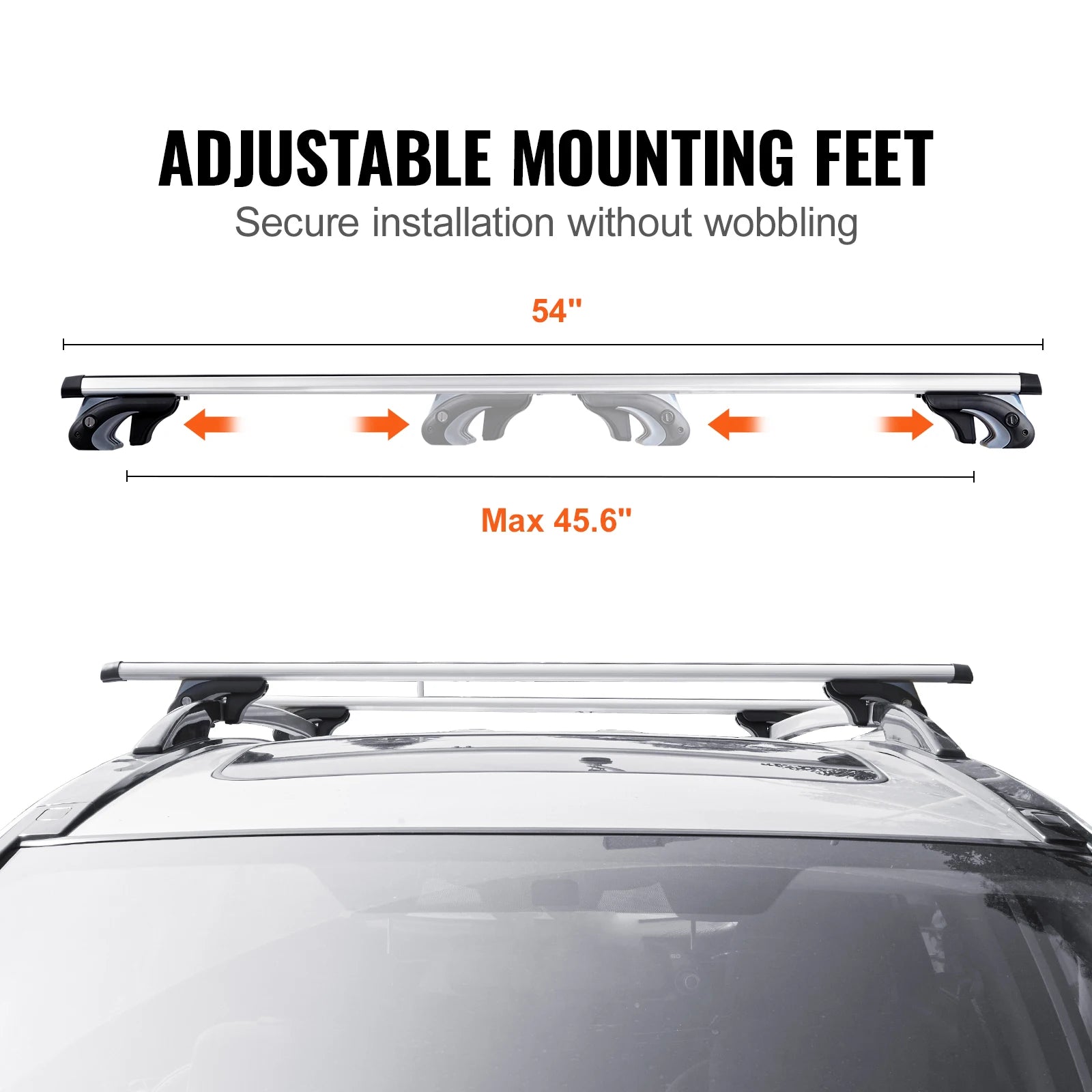 Car roof rack with adjustable mounting feet and measurement details on a white background