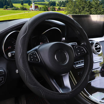 Leather Steering Wheel Cover - Embossed Massage Grip 14.5-15 Inches