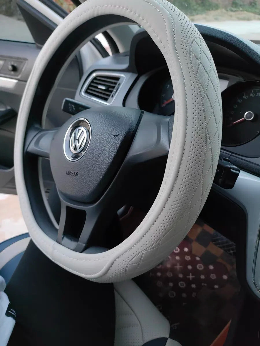 Premium Napa Leather Steering Wheel Cover - Universal 15 Inch Non-Slip