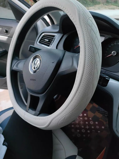 Premium Napa Leather Steering Wheel Cover - Universal 15 Inch Non-Slip