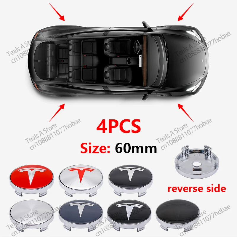 Tesla Wheel Center Hub Cap Emblems 60mm - 4pcs Set Car Logo Sticker for Model 3/Y/S/X