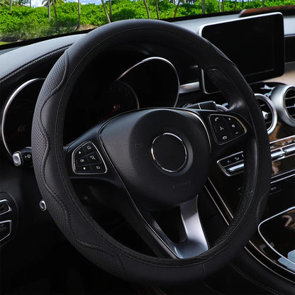 Leather Steering Wheel Cover - Embossed Massage Grip 14.5-15 Inches