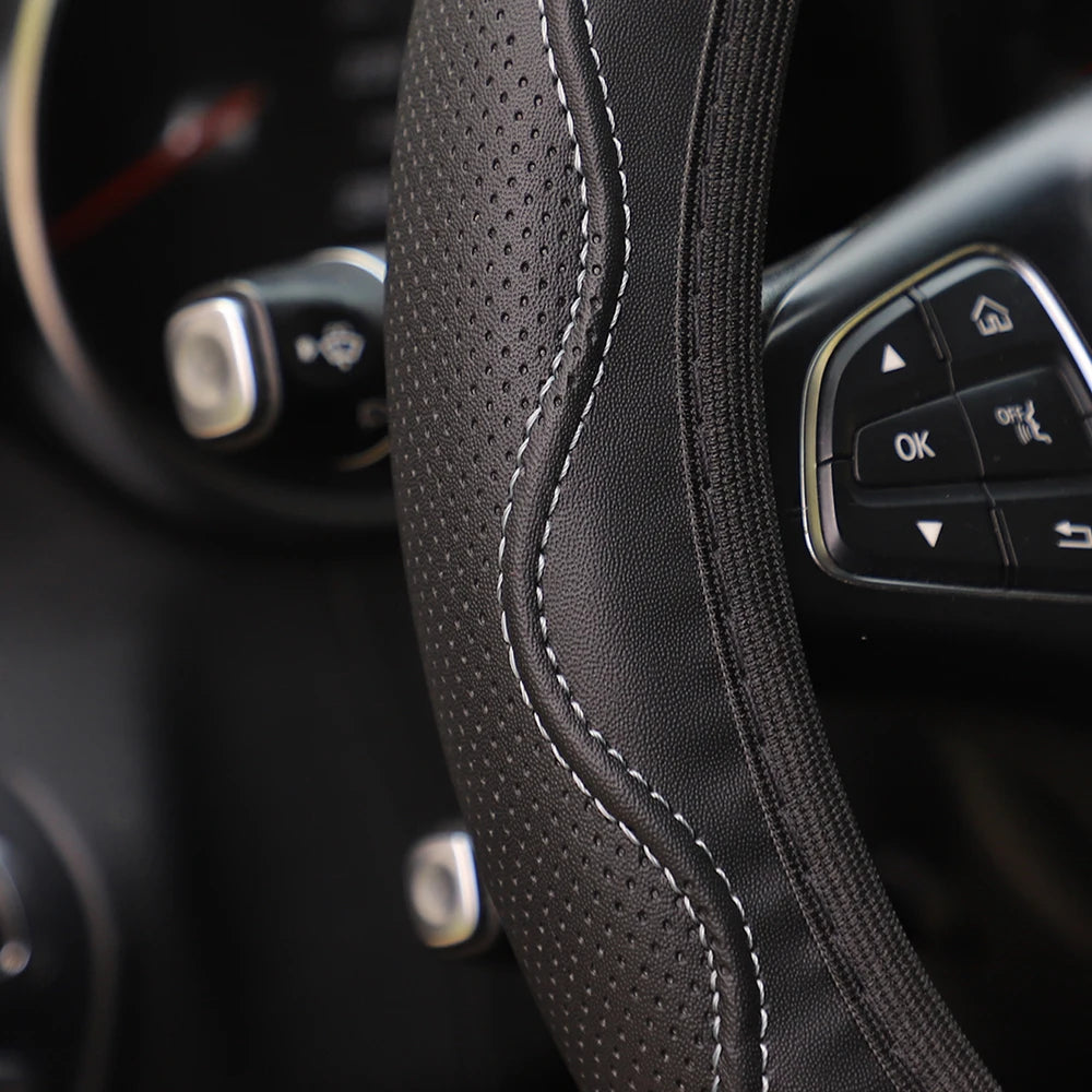 Leather Steering Wheel Cover - Embossed Massage Grip 14.5-15 Inches