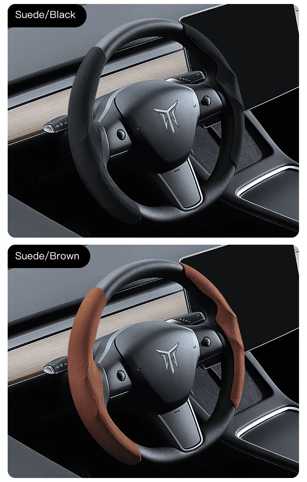 Tesla Model 3/Y Highland Juniper Carbon Fiber Steering Wheel Cover - Premium Leather