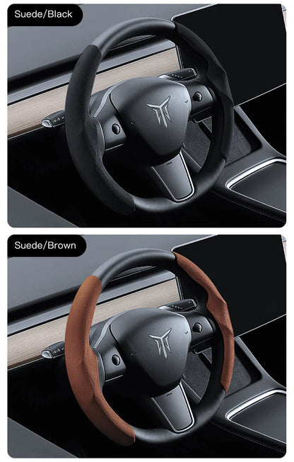 Tesla Model 3/Y Highland Juniper Carbon Fiber Steering Wheel Cover - Premium Leather