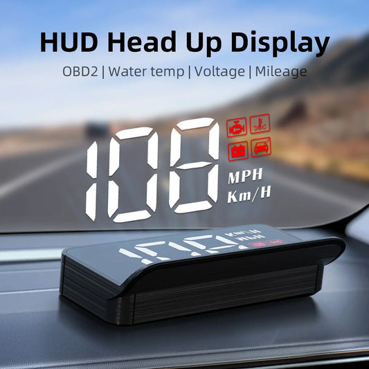 HUD Head Up Display on a car dashboard with digital display and text.