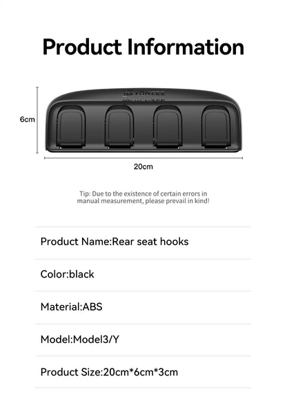 Tesla Foldable Car Seat Hooks - Heavy Duty 11lb Load Bearing Hangers Model 3/Y
