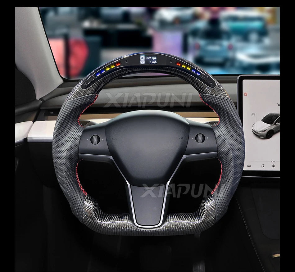 Tesla Model 3 Y LED Steering Wheel - Carbon Fiber Custom Racing Wheel