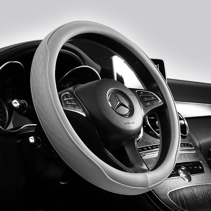 Premium Napa Leather Steering Wheel Cover - Universal 15 Inch Non-Slip