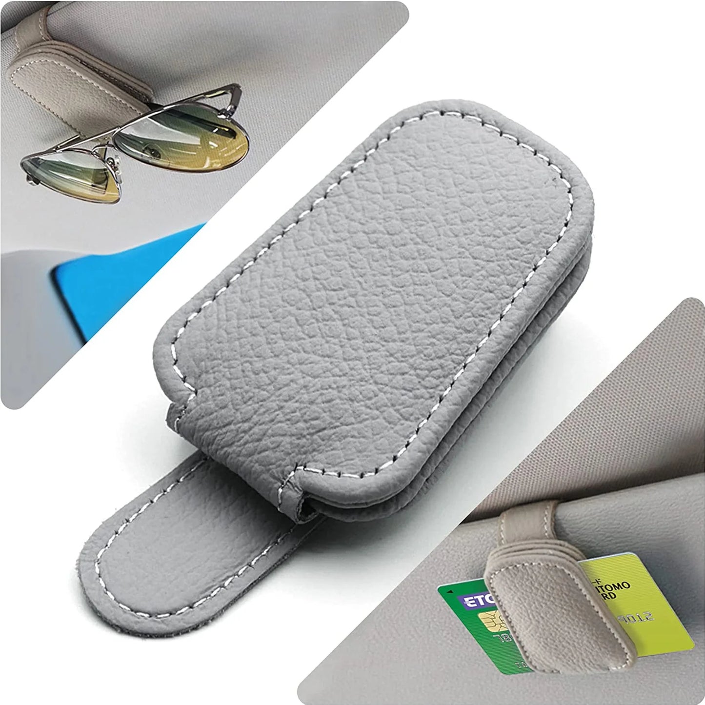 Premium Car Sunglasses Holder - Magnetic Sun Visor Clip with Leather Case for Eyeglasses & Cards