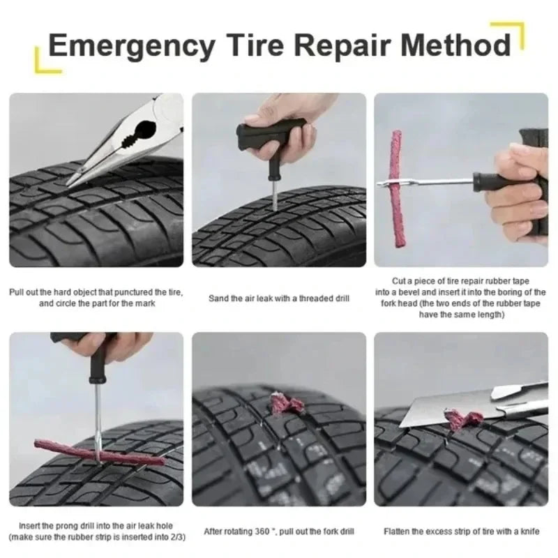Car Tire Repair Tool Kit - 8 Piece Set with Rubber Strips