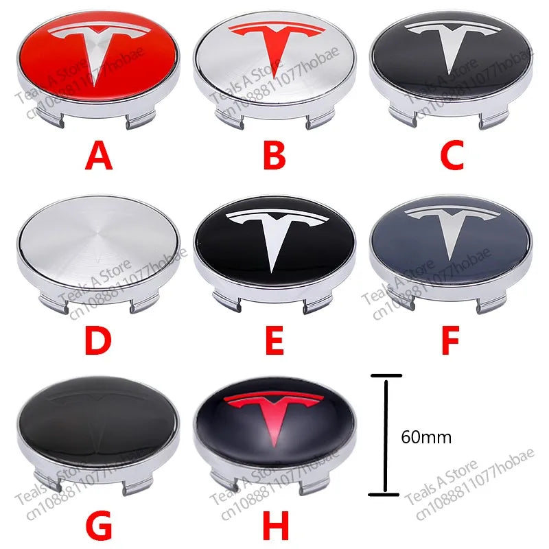 Tesla Wheel Center Hub Cap Emblems 60mm - 4pcs Set Car Logo Sticker for Model 3/Y/S/X