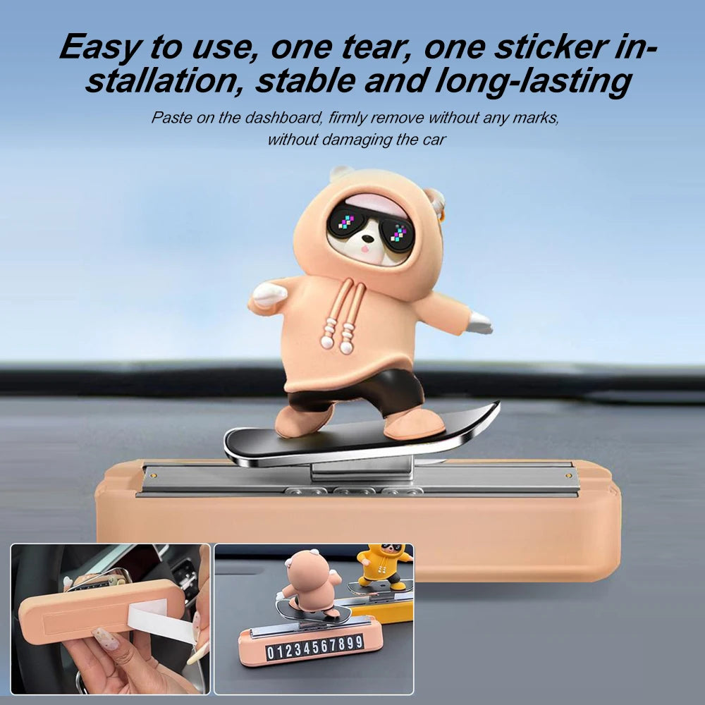 Car Dashboard Decoration - Skateboard Bear Magnetic Parking Plate