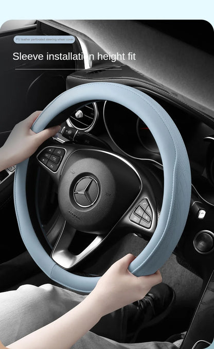 Premium Napa Leather Steering Wheel Cover - Universal 15 Inch Non-Slip