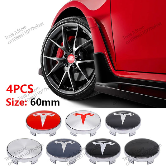 Tesla Wheel Center Hub Cap Emblems 60mm - 4pcs Set Car Logo Sticker for Model 3/Y/S/X