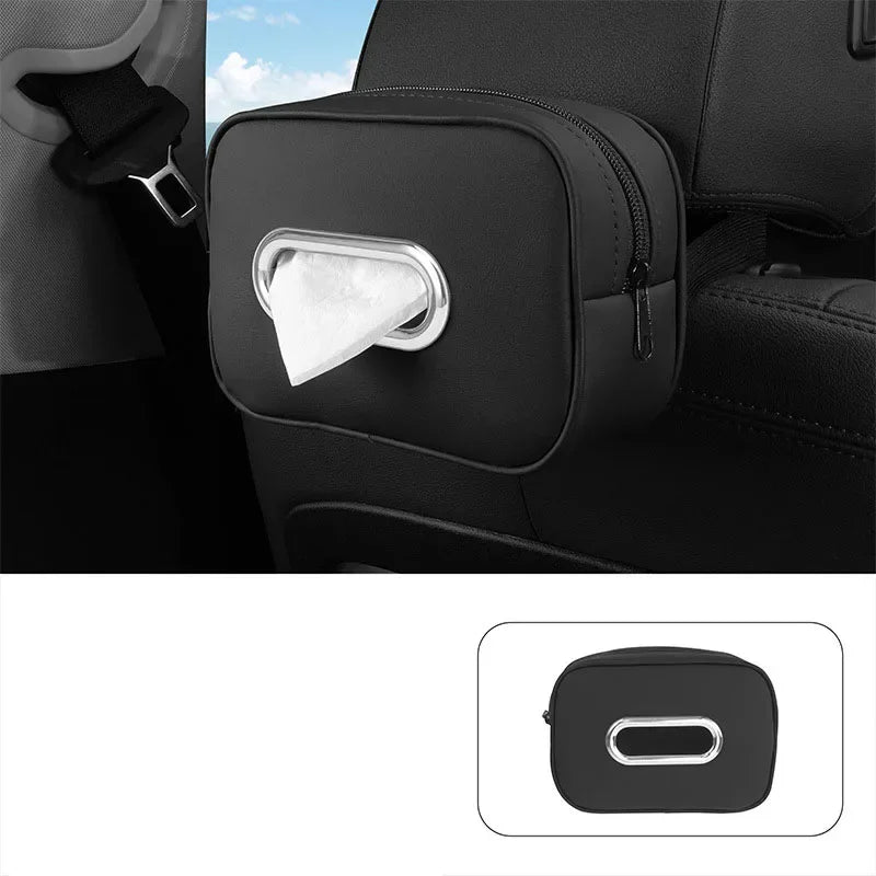 Car Tissue Box Holder - Leather Sun Visor & Console Mount Black