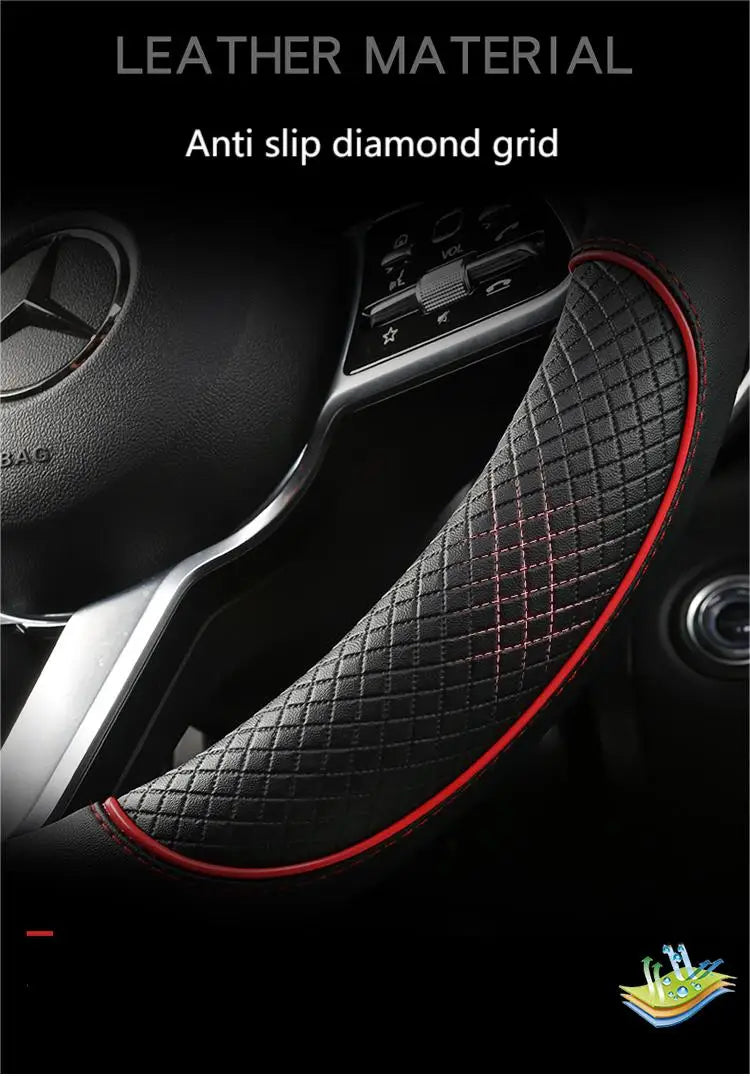 Premium Leather Steering Wheel Cover - Universal 14.5-15 Inch Diamond Pattern