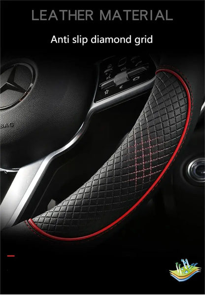 Premium Leather Steering Wheel Cover - Universal 14.5-15 Inch Diamond Pattern