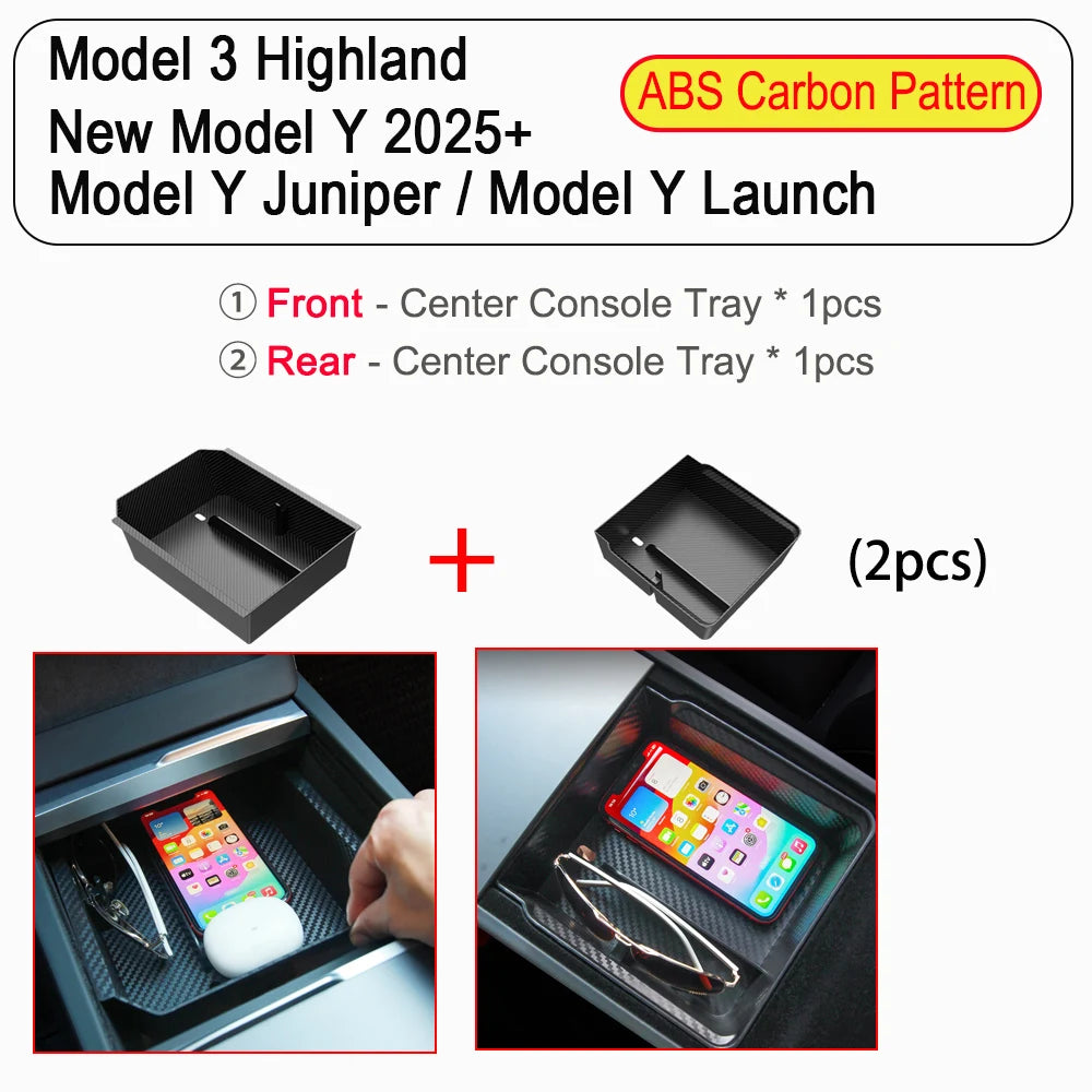Tesla Model Y Juniper Model 3 Console Organizer - Storage Tray 2pcs ABS Carbon