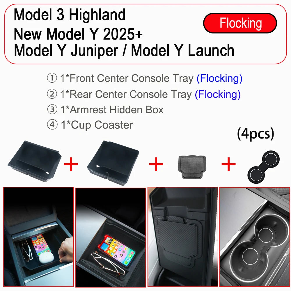 Tesla Model Y Juniper Model 3 Console Organizer - Storage Tray 4pcs Flocking