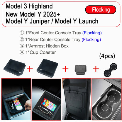 Tesla Model Y Juniper Model 3 Console Organizer - Storage Tray 4pcs Flocking