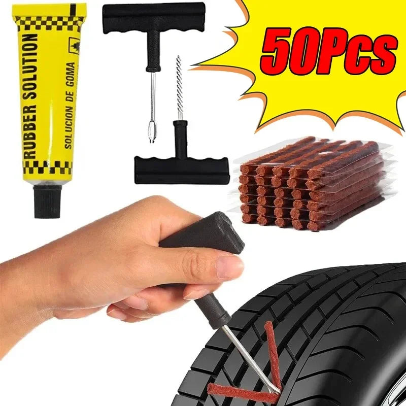Car Tire Repair Tool Kit - 8 Piece Set with Rubber Strips