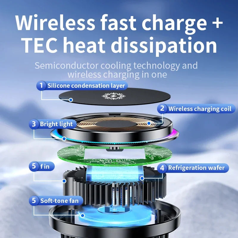 Diagram of a semiconductor cooling technology with wireless charging and heat dissipation features.