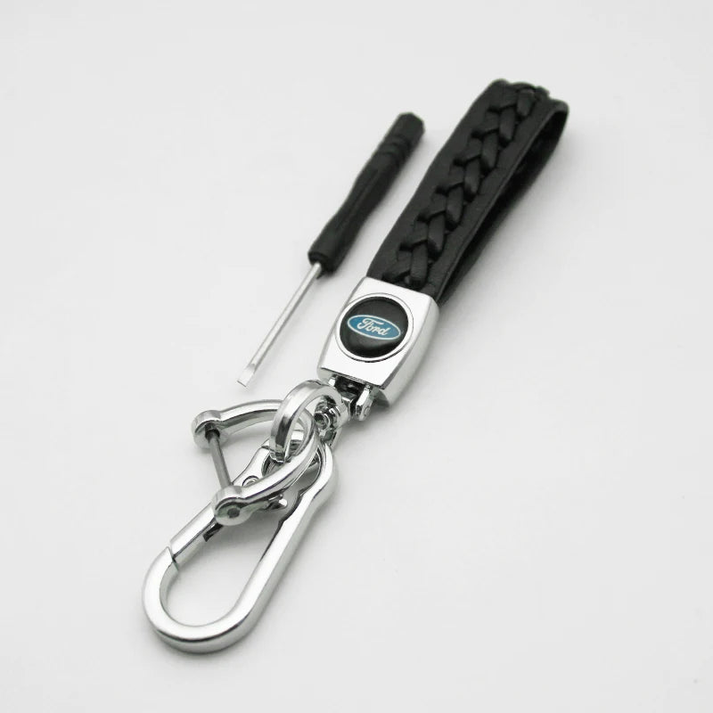 Ford 3D Metal Leather Keychain Badge - Car Emblem Key Chain Ring