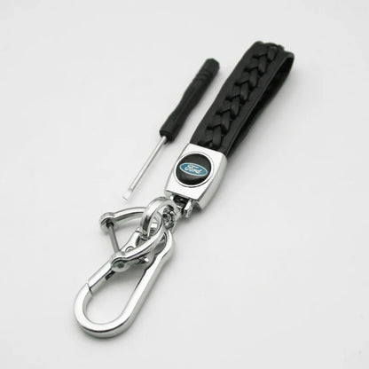 Ford 3D Metal Leather Keychain Badge - Car Emblem Key Chain Ring