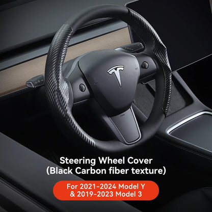 Tesla Model 3/Y Highland Juniper Carbon Fiber Steering Wheel Cover - Premium Leather