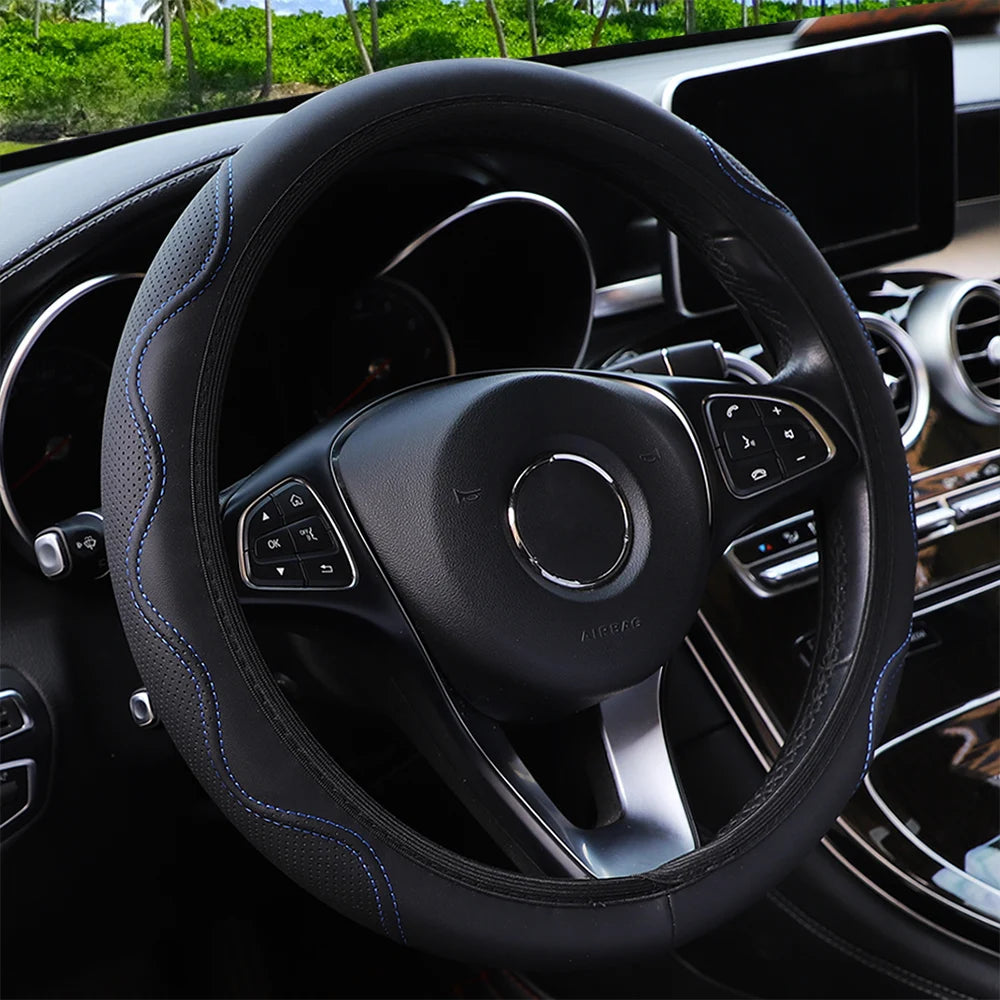 Leather Steering Wheel Cover - Embossed Massage Grip 14.5-15 Inches