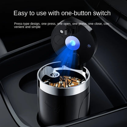 One-Click Car Ashtray with LED Light - Metal Lining & Splash Proof