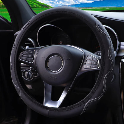 Leather Steering Wheel Cover - Embossed Massage Grip 14.5-15 Inches
