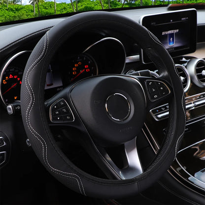 Leather Steering Wheel Cover - Embossed Massage Grip 14.5-15 Inches