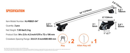 Technical specifications and dimensions of a roof rack system on a white background