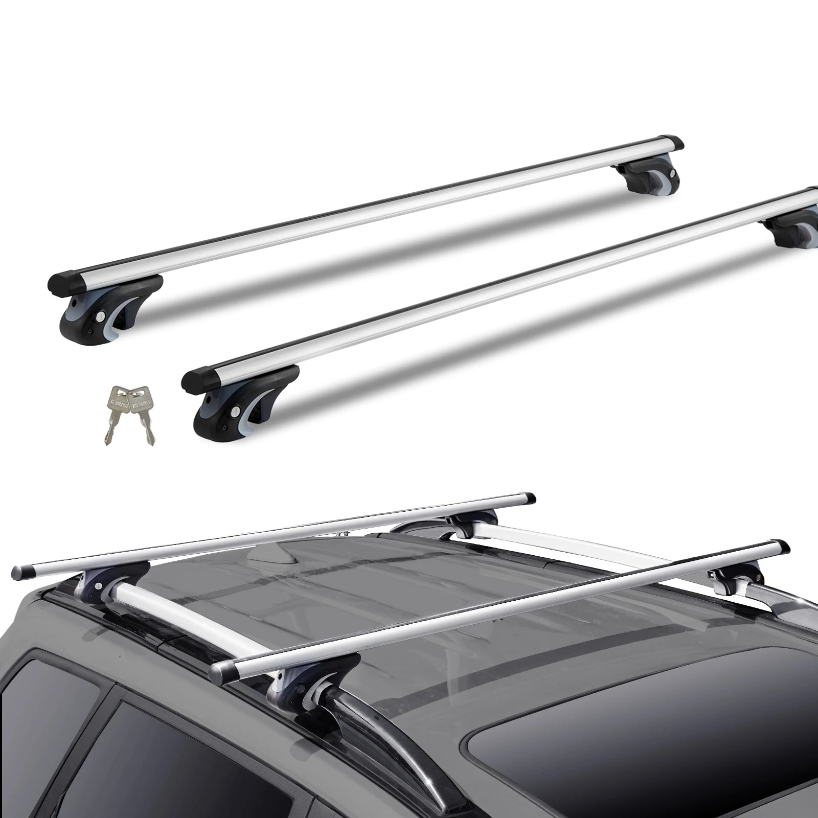 Car roof rack system with crossbars on a white background