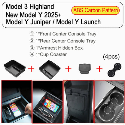 Tesla Model Y Juniper Model 3 Console Organizer - Storage Tray 4pcs ABS Carbon