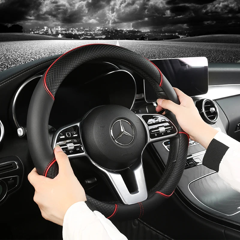 Premium Leather Steering Wheel Cover - Universal 14.5-15 Inch Diamond Pattern