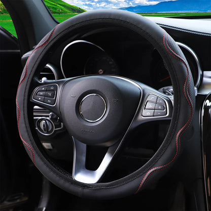 Leather Steering Wheel Cover - Embossed Massage Grip 14.5-15 Inches