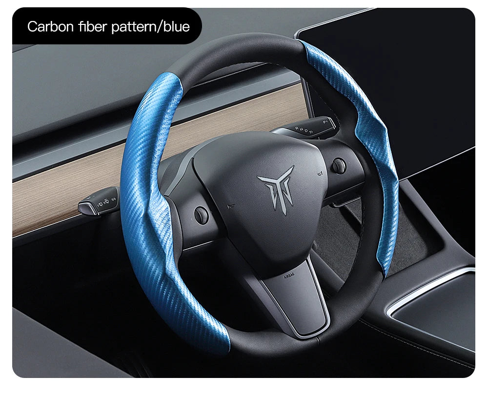 Tesla Model 3/Y Highland Juniper Carbon Fiber Steering Wheel Cover - Premium Leather
